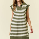 Stripe Half Zip-Up Cap Sleeve Mini Dress