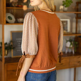 Color Block Textured Knit Bow Tie Sleeve Top