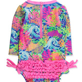 Baby Girls Neon Ocean Coral Long Sleeve One Piece Rash Guard Swimsuit with Signature Rear Ruffles