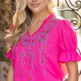 Ruffle Detailed V Neck Floral Embroidered Solid Top