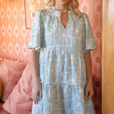 Striped Cotton Floral Embroidered Tiered Woven Dress