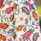 Elastic Stripe V-Neck Floral Woven Print Top