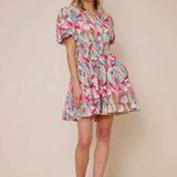 Womens Abstract Botanical Smocked Cotton Linen Dress