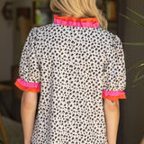 Zelly Double Contrast Ruffle Detailed Animal Printed Knit Blouse