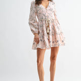 Embroidered Floral Belted Long-Sleeve Mini Dress