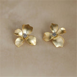 Gold Flower Petal Silver Post Stud Earrings