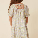 Girls Ditsy Floral Square Neck Tiered Mini Dress | Lavender