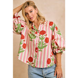 Stripe Flower Printed Woven Bubbled Sleeves Button Blouse