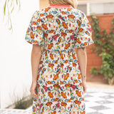 Multi Stripe Detailed Floral Print Midi Dress