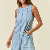 Chambray Round Neckline Sleeveless A-Line Mini Dress