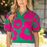 V-Collared Ribbed Floral Knit Top