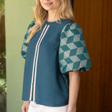 Geometric Jaquard Bubble Sleeve Striped Trim Front Top: Green
