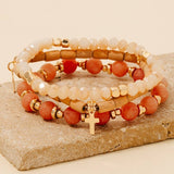 Cross Charm Wood Stone And Glass Beaded Bracelet Set: White