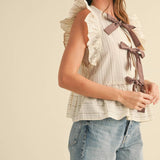 Striped Tie Front Ruffle Sleeveless Blouse