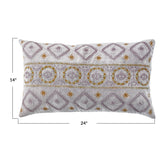 Cotton Velvet Lumbar Pillow w/ Embroidered Pattern & Chambray Back