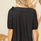 Shoulder Bow Detail Solid Eyelet Knit Top