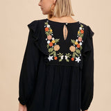 Embroidered Ruffle Shoulder Blouse - Olive