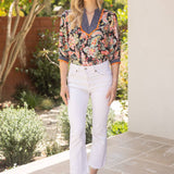 Suzanne Wavy Trim Detailed Floral Stripe Mixed Blouse