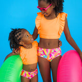Neon Tropical Adventure Waterfall Tankini 2-Piece Swimsuit with Signature Rear Ruffles: Multi-Color
