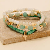 Cross Charm Wood Stone And Glass Beaded Bracelet Set