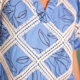 Leaf Print Embroidered Lace Bubble Sleeve Dress