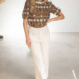 Floral Embroidered Contrast Neck Tie Detailed Top