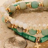 Cross Charm Wood Stone And Glass Beaded Bracelet Set: White