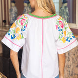 Floral Embroidered Raglan Sleeve Piping Top