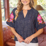 Embroidered Raglan Sleeve Floral Textured Top