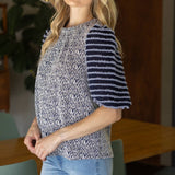 Mixed Pattern Fuzzy Striped Puff Sleeve Top