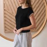 Short Sleeve Knit Navy Sweater Top with Contrast Trim