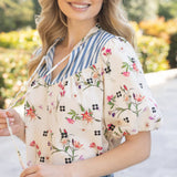 Floral And Stripe Mixed Tassle Front Top: Ivory