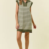 Stripe Half Zip-Up Cap Sleeve Mini Dress