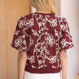 Faye Floral Embroidered Short Bubble Sleeve Blouse