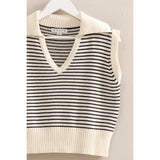 Striped Knit Collared Sleeveless Top | Cream & Black