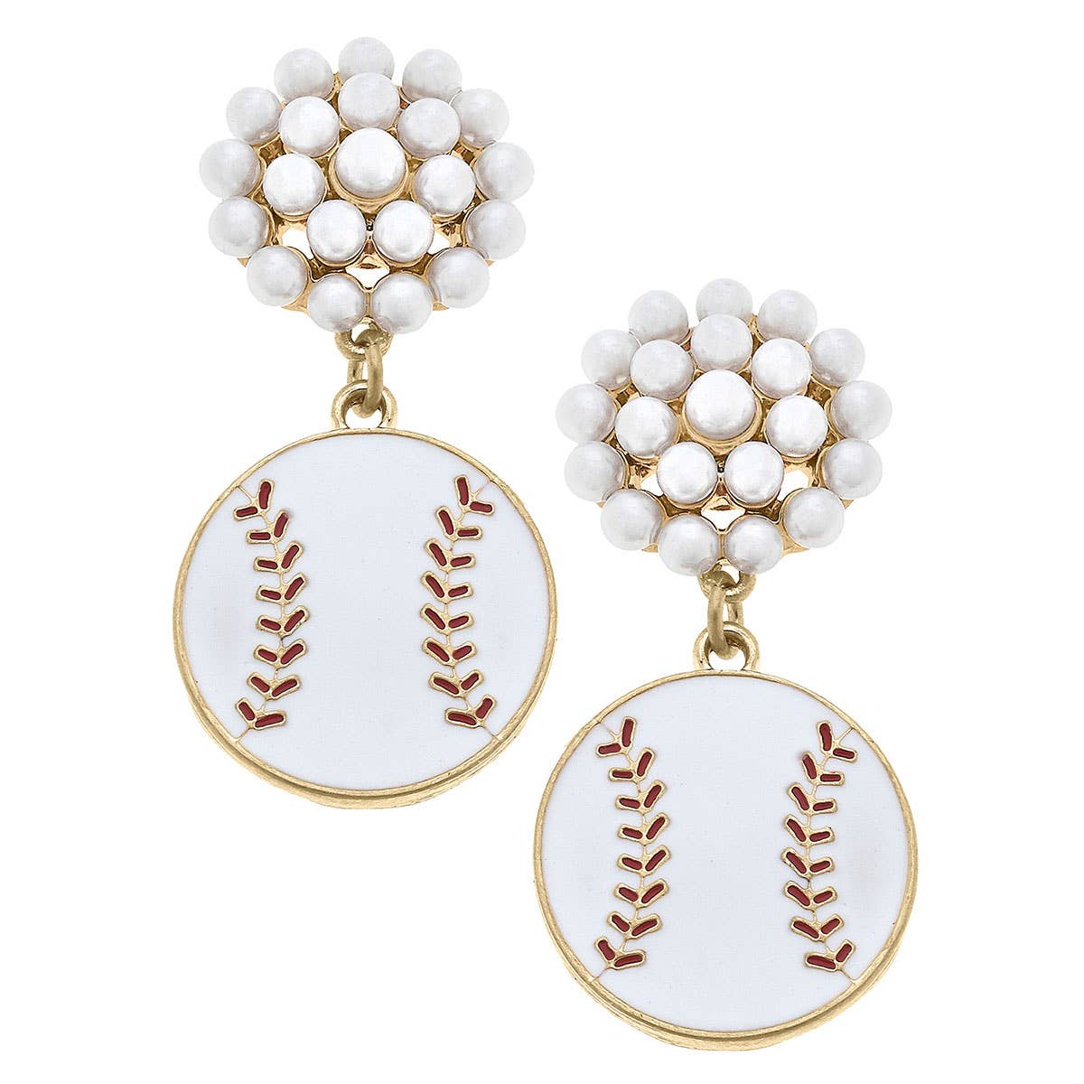 Baseball Pearl Cluster Enamel Drop Earrings in White & Red