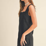 Linen Square Neck Pattern Mini Dress | Black