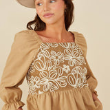 Womens Floral Embroidered Mix Media Peplum Top