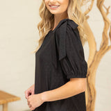Shoulder Bow Detail Solid Eyelet Knit Top