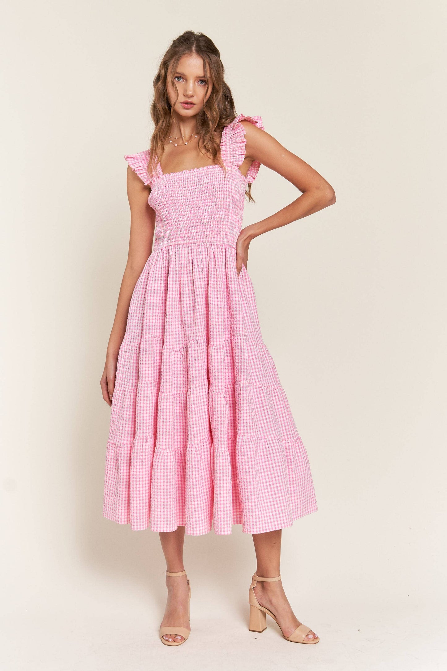 Pink Boho Checkered Midi Dress | Pink