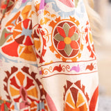 Ruffled Neck Boarder Printed Tiered Midi Dress
