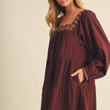 Square-Neck Embroidered Tiered Mini Dress