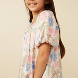 Girls Floral Puff Sleeve Foiled Dress