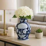 Blue Ceramic Floral Round Chinoiserie Vase