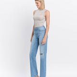 High Rise Distressed Slim Wide Leg Jeans