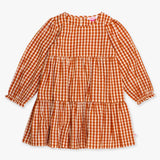 Girls Classic Rust Gingham Woven Long Sleeve Tiered Twirl Dress