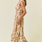 Paisley V-Neck Smocked Waist Front Zip Midi Dress | Taupe