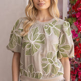 Cara Contrast Band Detailed Floral Embroidery Blouse