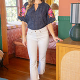 Embroidered Raglan Sleeve Floral Textured Top