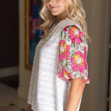 Floral Embroidered Short Bubble Sleeve Top